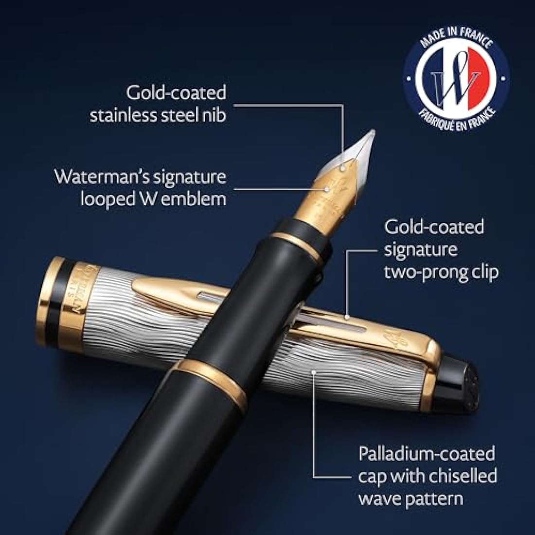 Waterman Expert Fountain Pen | Black Lacquer & Gold Trim | Medium Nib