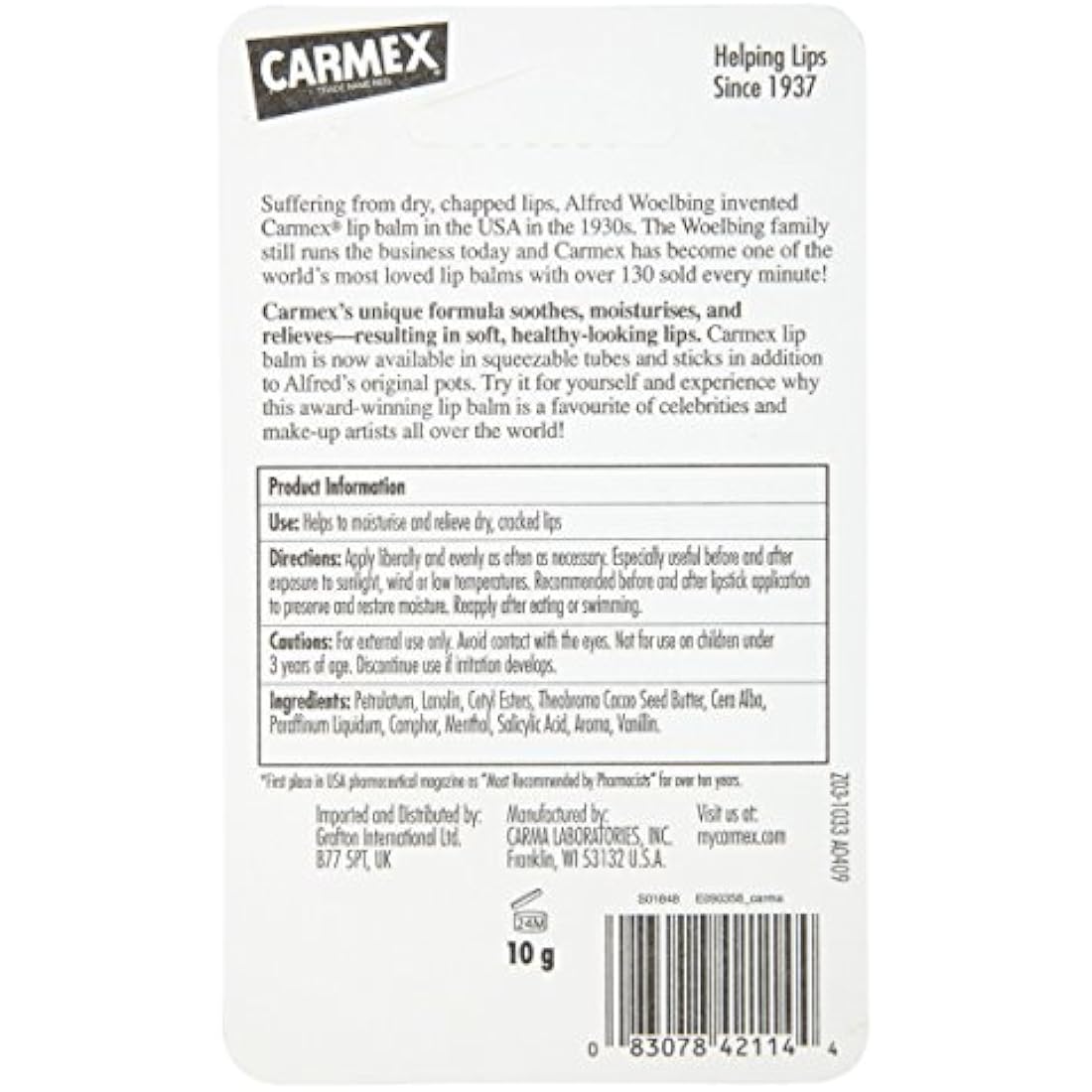 Carmex Original Lip Balm Tube for Chapped Lips - 10g (Pack of 12)