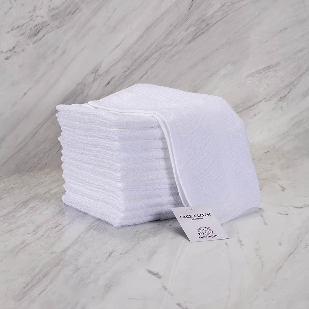 VINN DUNN 100% Cotton Face Cloths | 12-Pack White Hotel Washcloths | 30x30cm