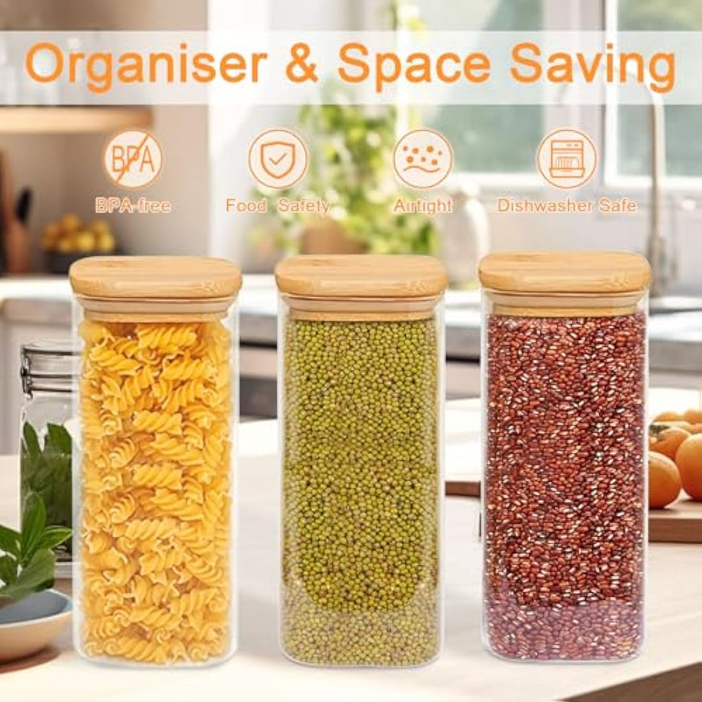 Jolof Store 2100ml Glass Storage Jars with Bamboo Lids - 3 Pack Square