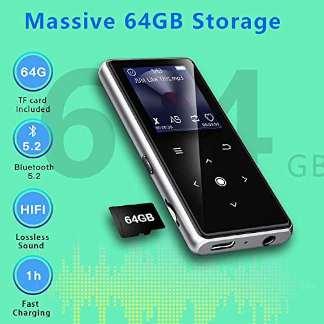 AiMoonsa 64GB MP3 Player with Bluetooth 5.2 | HiFi Lossless Music Player