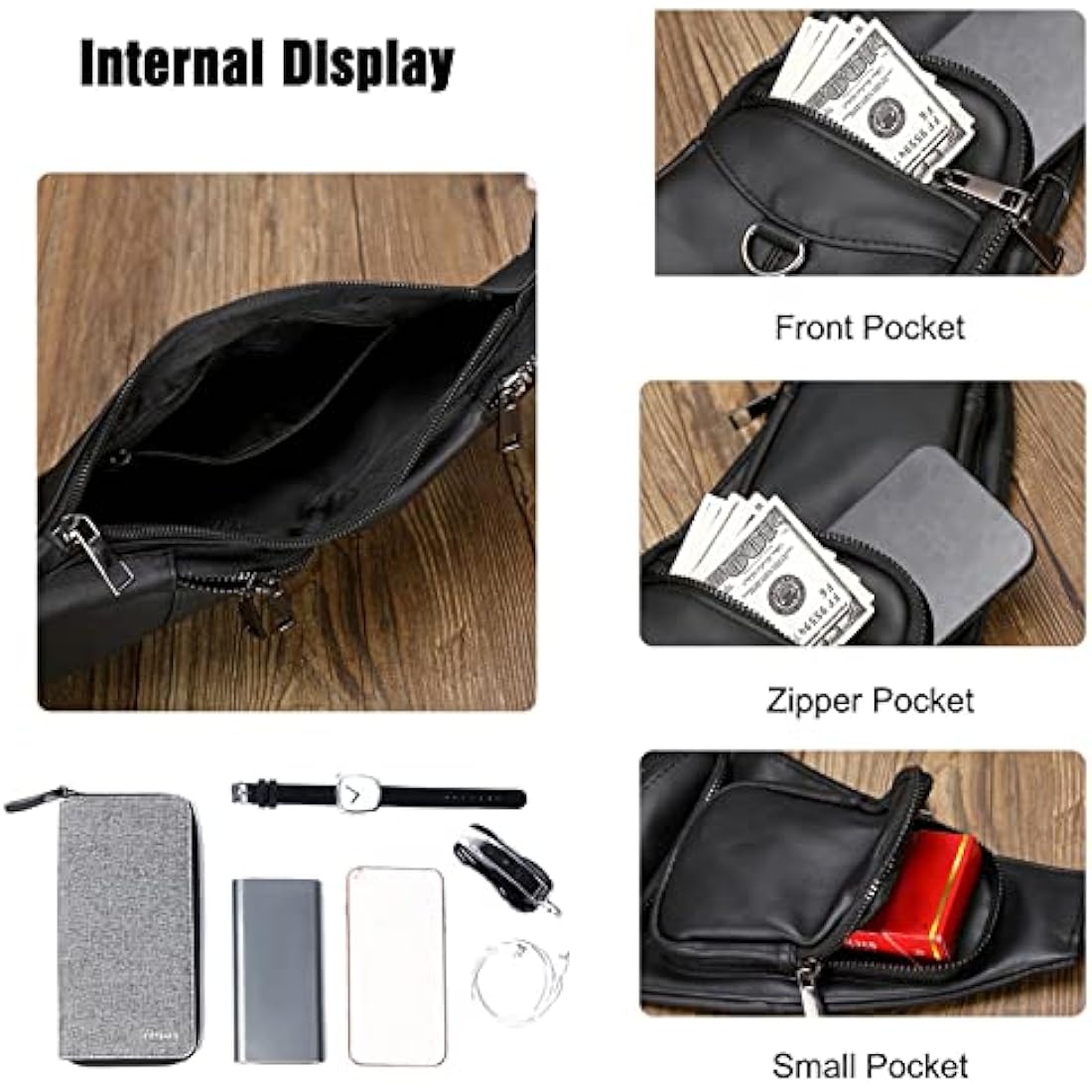 FANDARE Genuine Leather Sling Bag – Waterproof Crossbody Chest Pack, Black