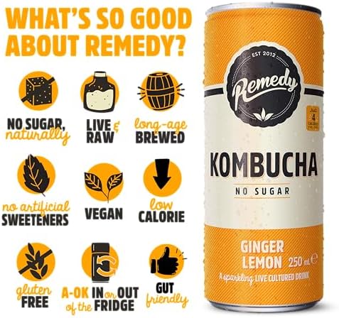 Remedy Raw Kombucha Tea – Sugar Free Ginger Lemon – 250ml Cans (24 Pack)