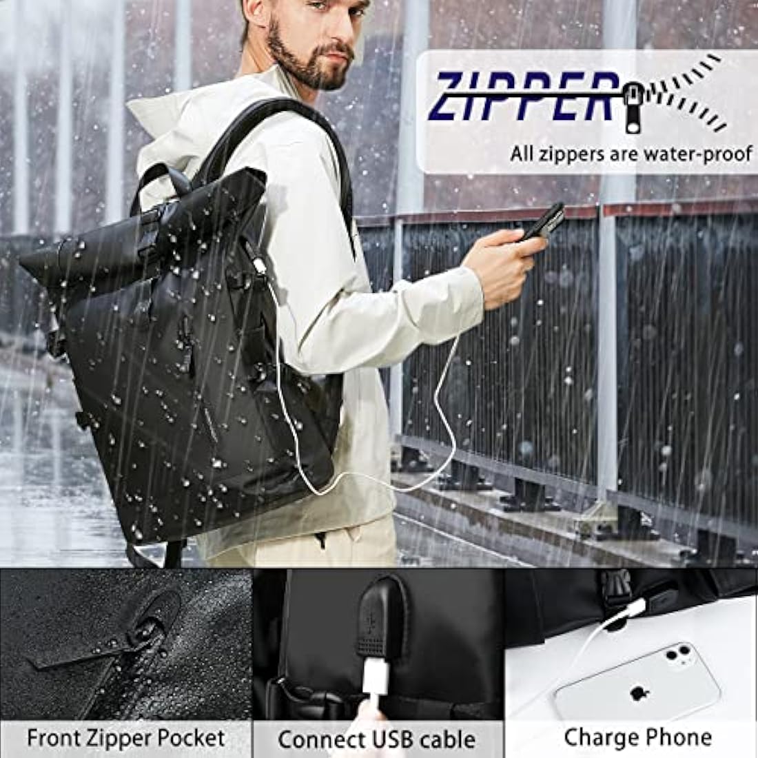 Roll Top Laptop Backpack – 15.6" Water-Resistant USB Bag