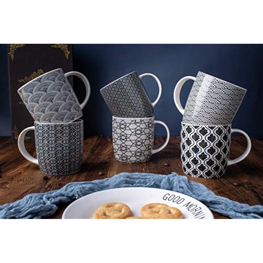 MACHUMA Ceramic Coffee Mugs Set of 6 – 11.5oz Black & White Geometric