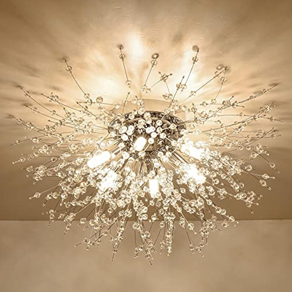 Rayofly Modern Gold Crystal Chandelier – 6-Light Flush Mount Ceiling Lamp