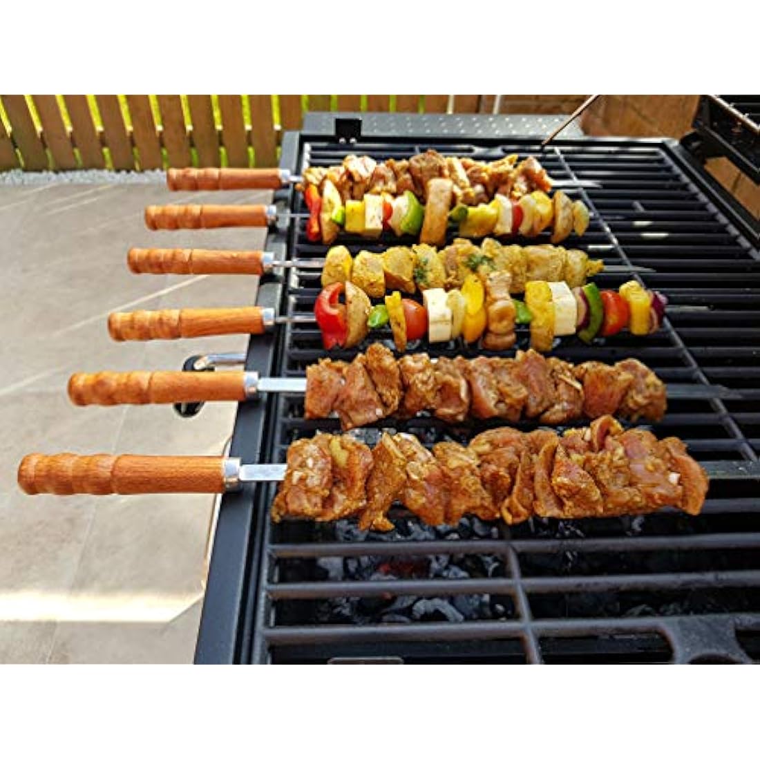 Flat Stainless Steel Kebab BBQ Skewers with Wood Handles | 6pc