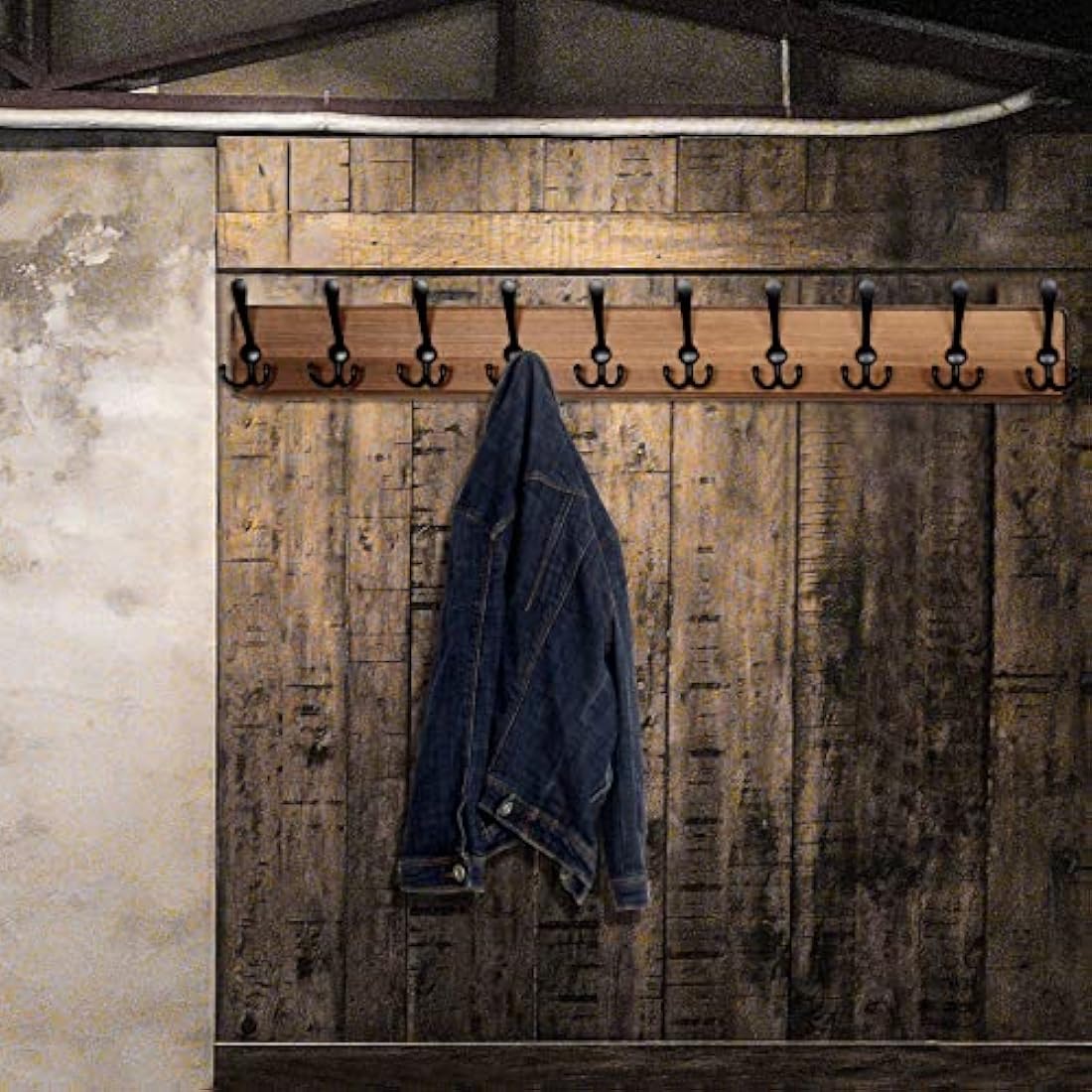 WEBI 98cm Solid Wood Wall Mounted Coat Rack with 10 Triple Hooks