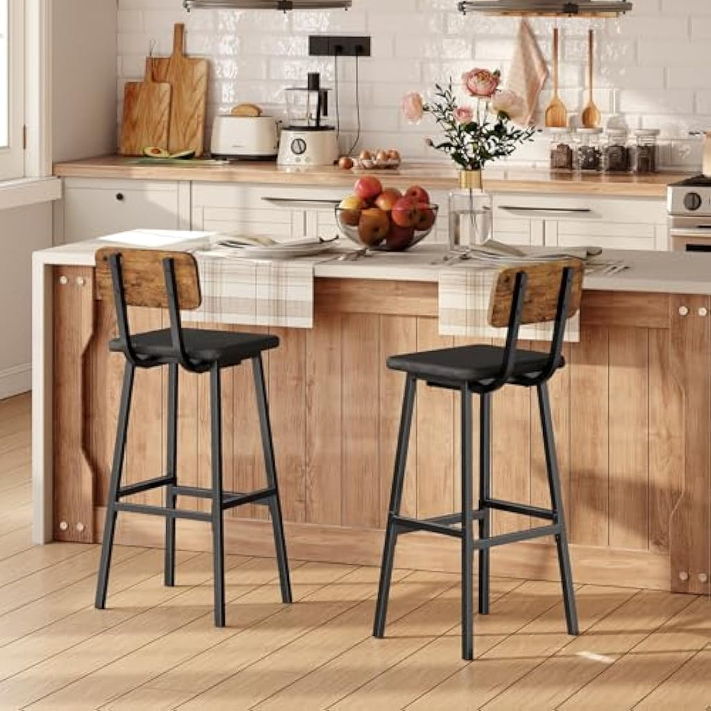 HOOBRO Industrial Bar Stools Set of 2 | PU Upholstered Rustic Brown