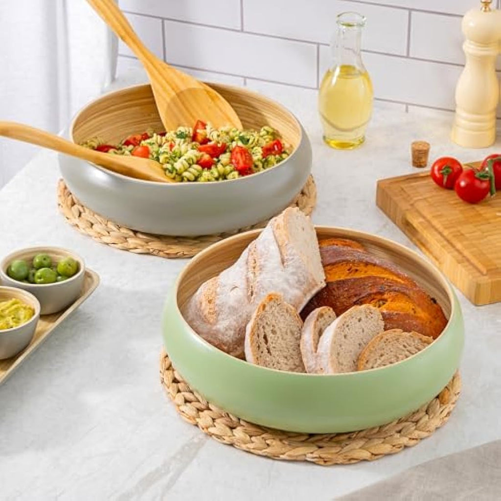 Dehaus Large 30cm Bamboo Fruit Bowl – Grey Wooden Salad Serving Bowl