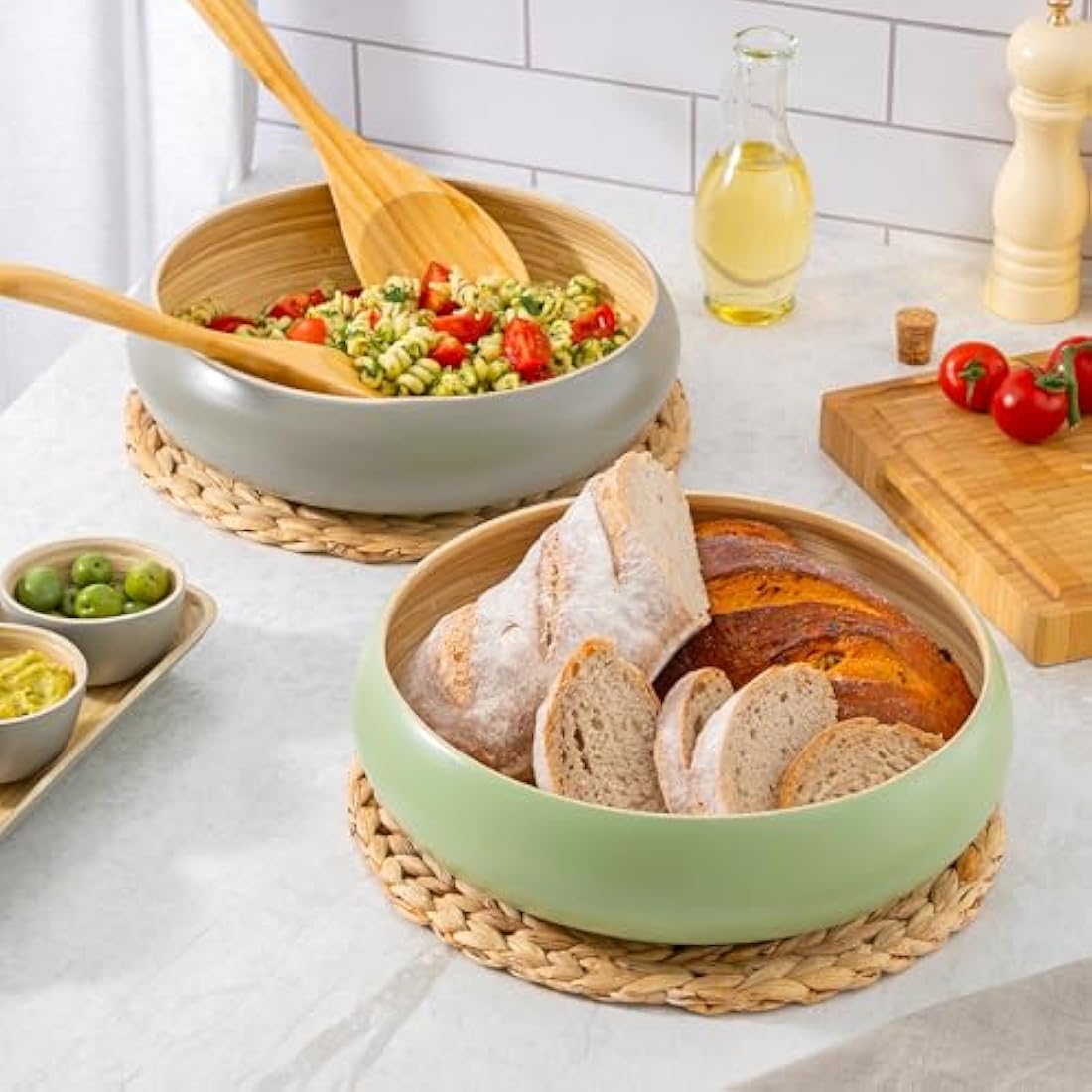 Dehaus Large 30cm Bamboo Fruit Bowl – Grey Wooden Salad Serving Bowl