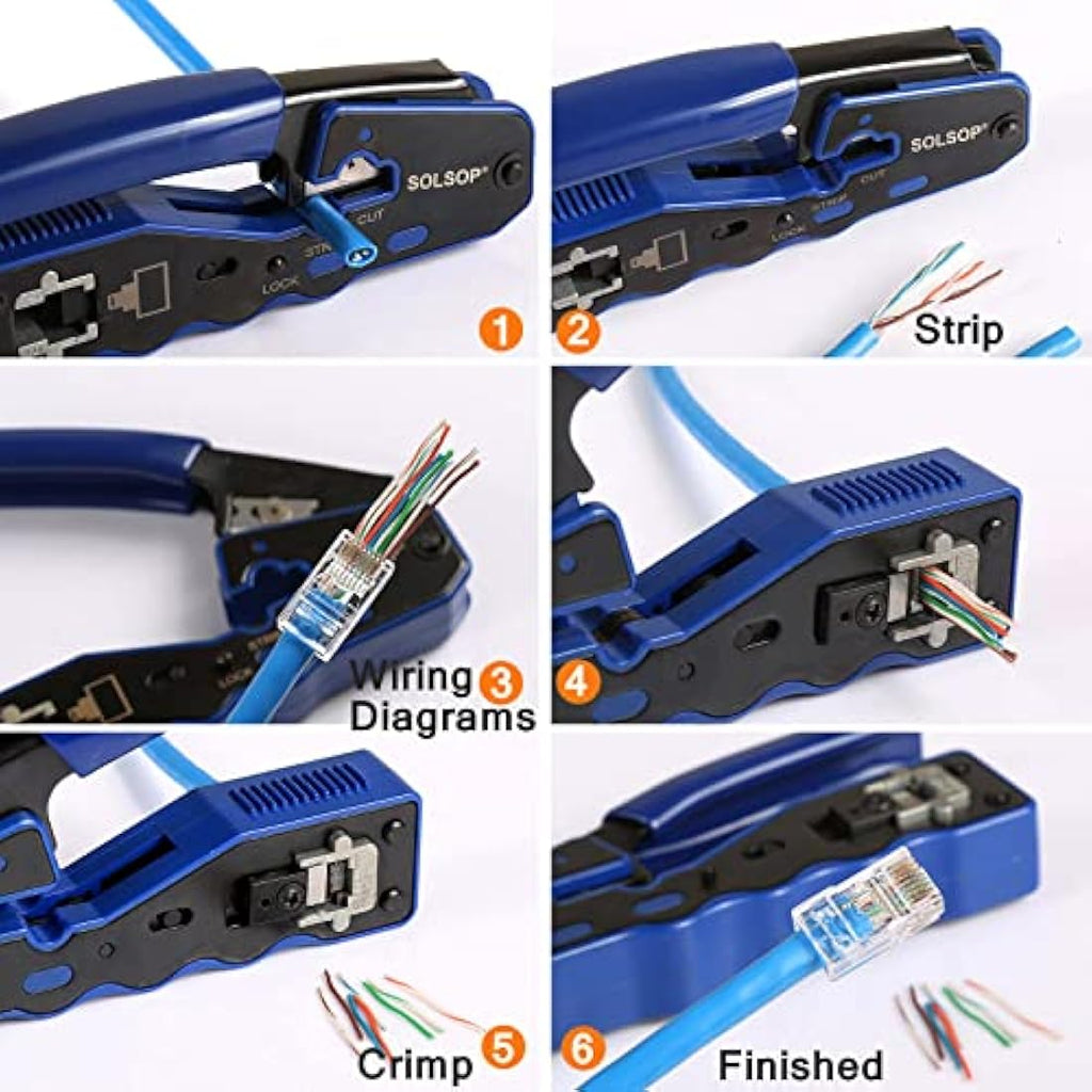 Solsop RJ45 Pass Through Crimping Tool Kit with Cable Tester and 50 Connectors
