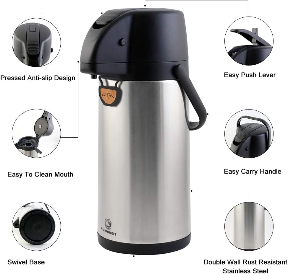 TOMAKEIT 2.5L Thermal Coffee Airpot – Glass Lined Beverage Dispenser