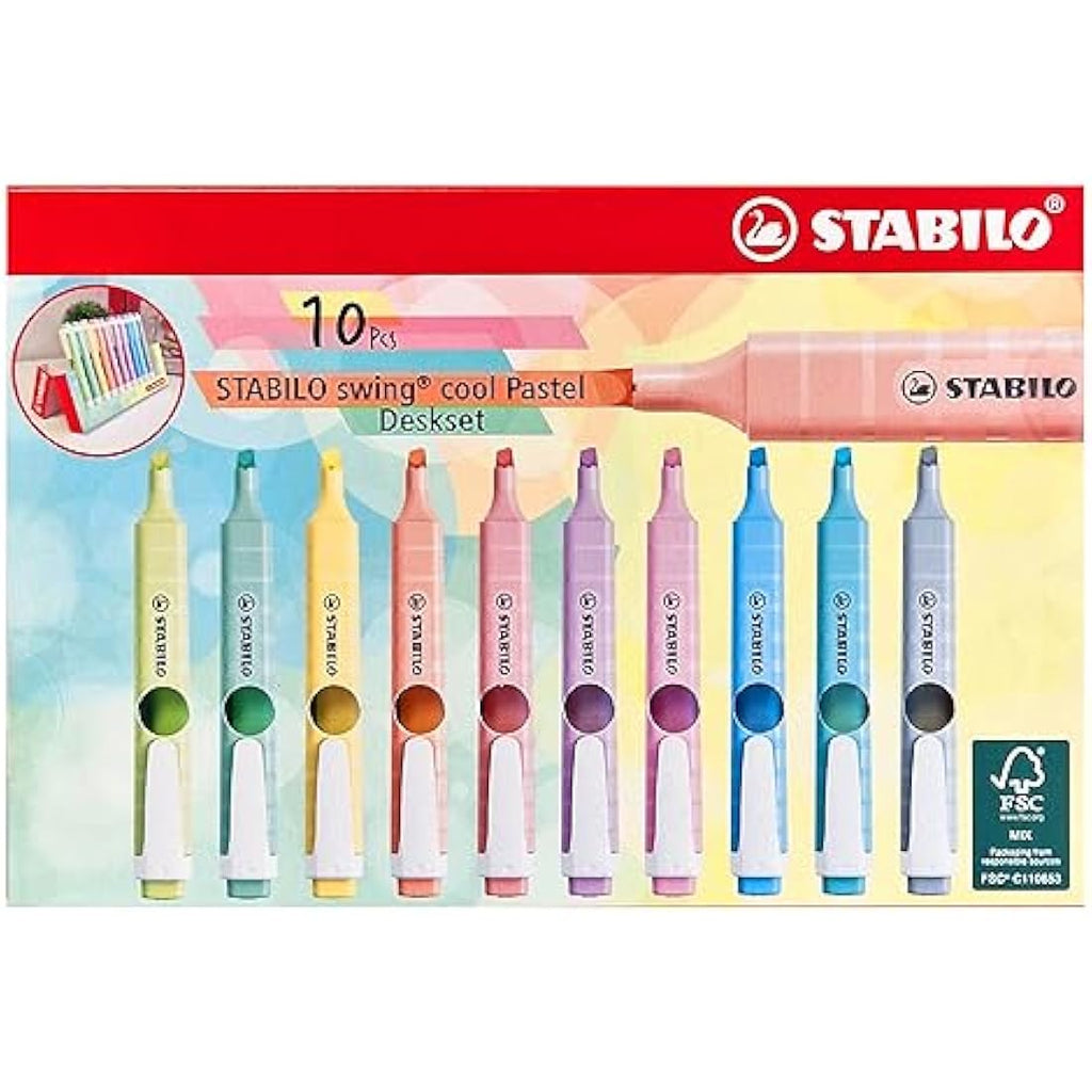 STABILO Swing Cool Pastel Highlighters - 10-Color Deskset - 1-4mm Tip