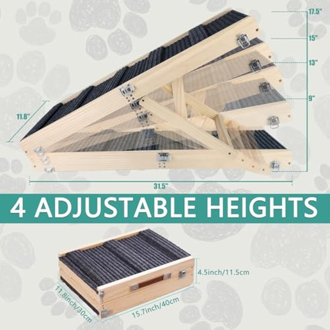 Umtiti Adjustable Wooden Pet Ramp – Foldable Non-Slip Dog Ramp for Beds
