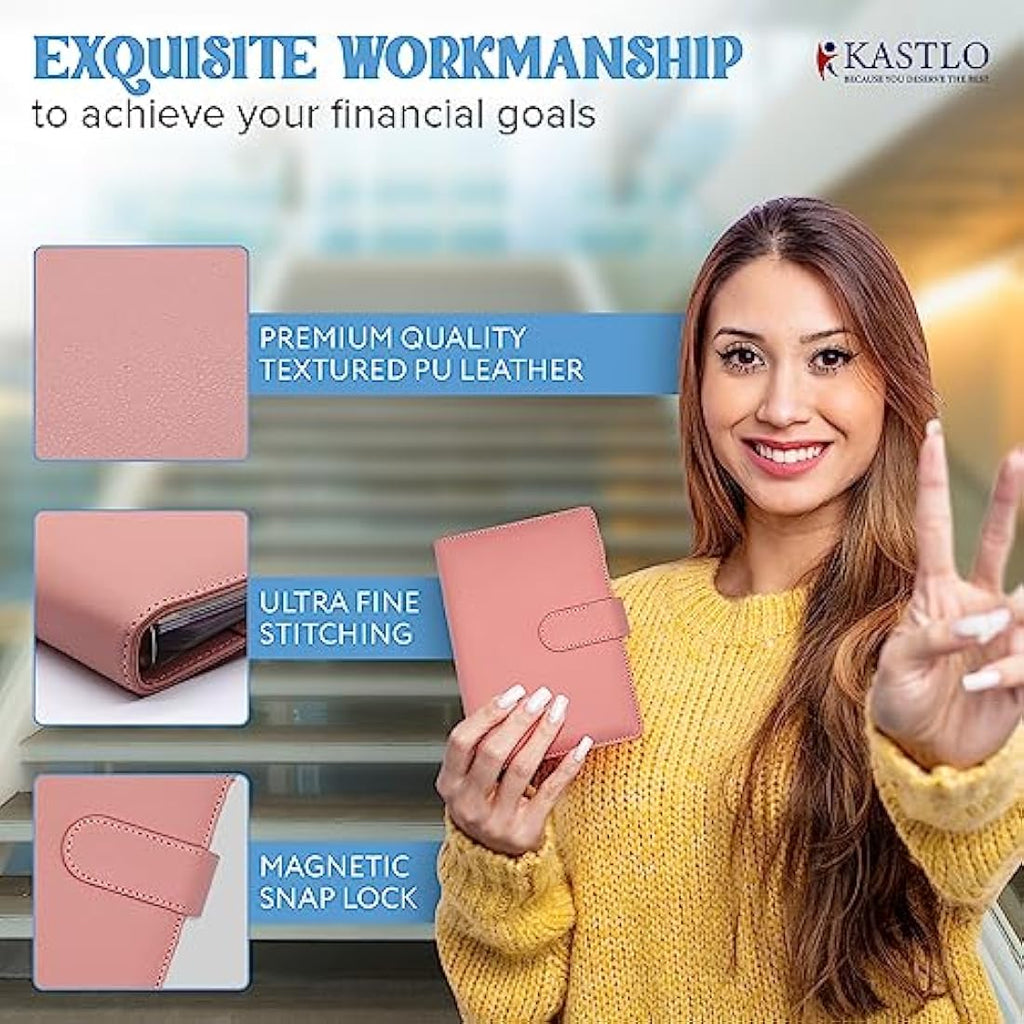 KASTLO A6 PU Leather Budget Binder - Cash Stuffing Wallet Organiser, Nude