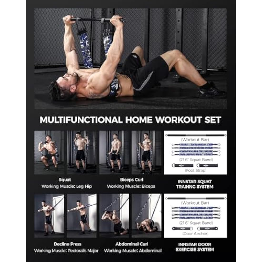 INNSTAR Portable Home Gym Set | Resistance Band Bench Press & Squat Kit