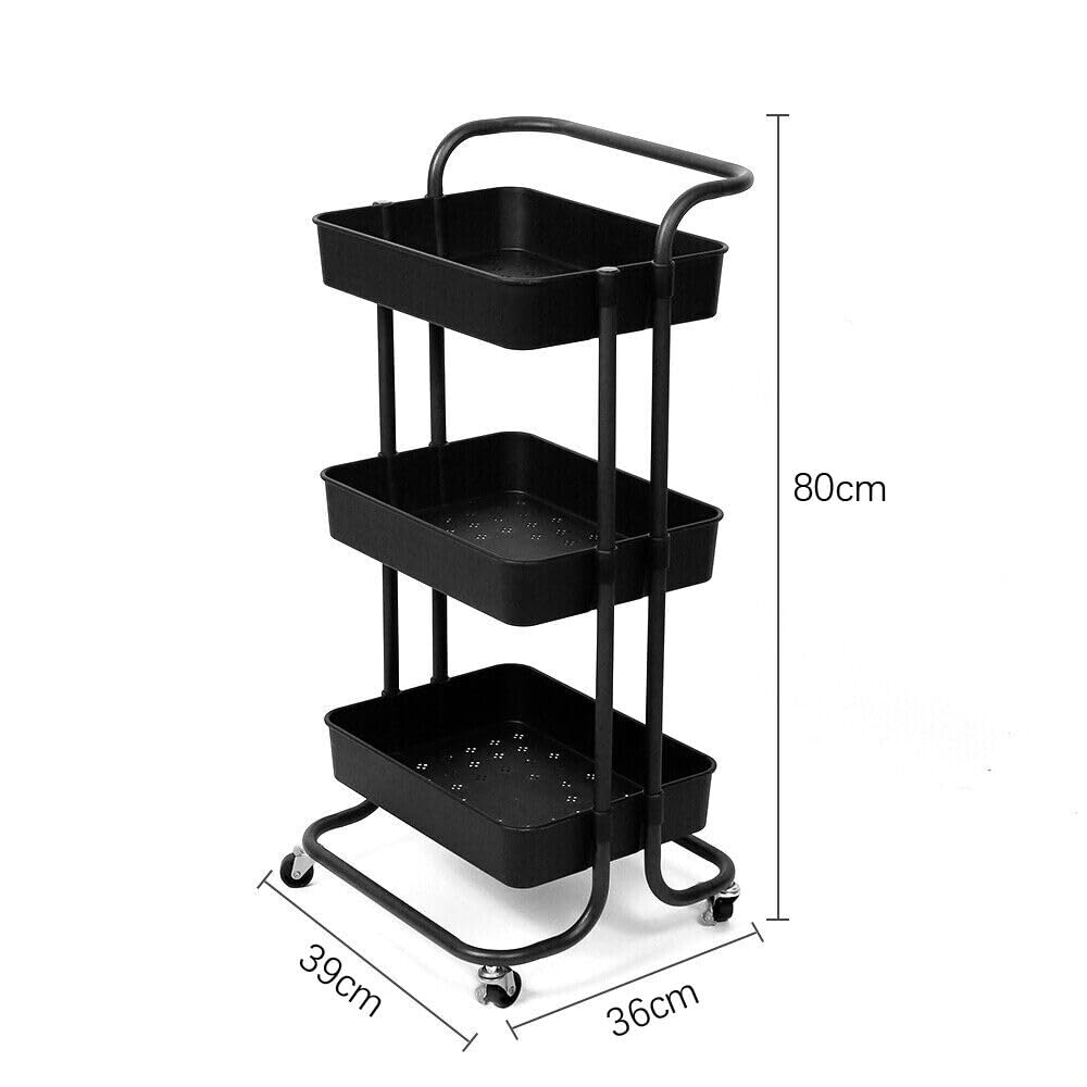 Multibao 3 Tier Storage Trolley on Wheels Cart Kitchen Utility Rolling Rack Tray Shelf for Kitchen Bathroom Laundry and Office Black