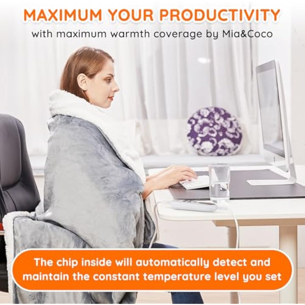 Mia&Coco Electric Heated Blanket – Flannel Sherpa Throw, 10 Heat Levels, Grey