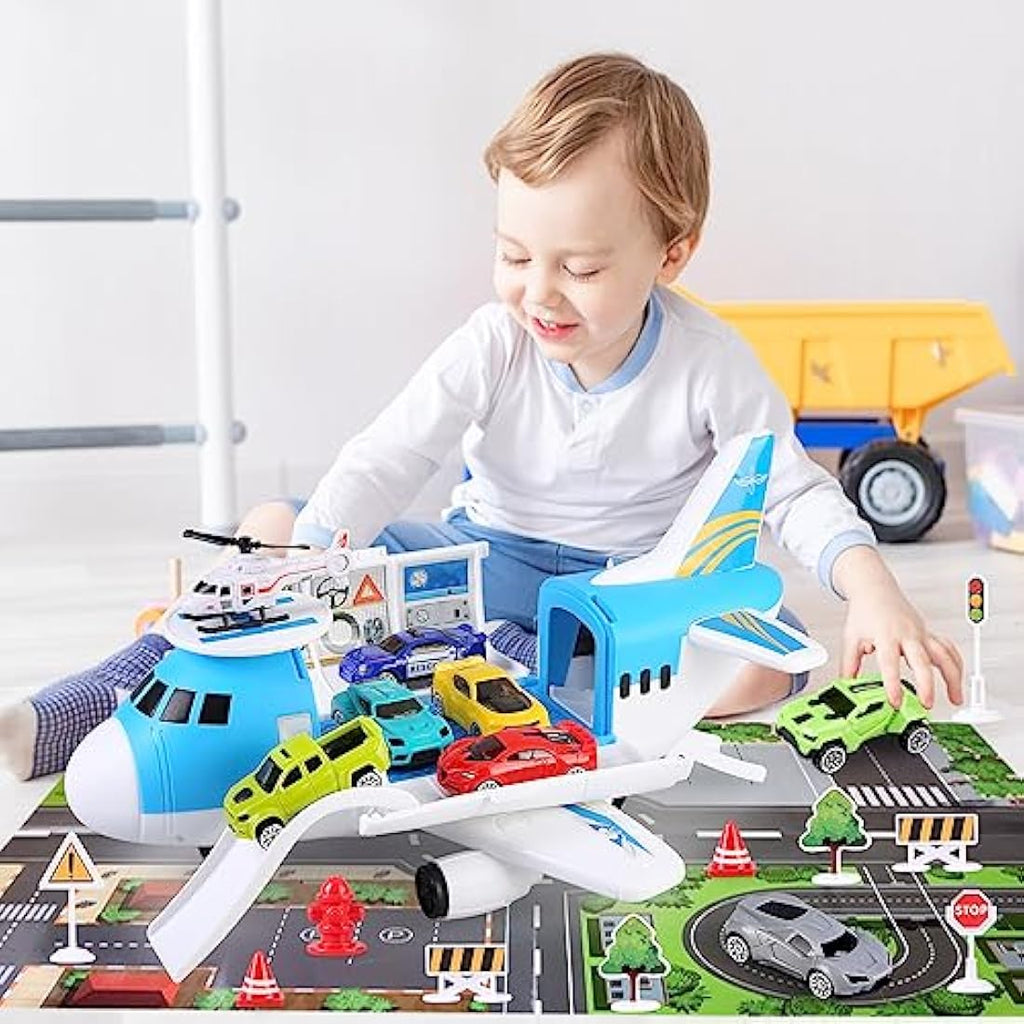 Kramow Airplane Toy Set with Play Mat, 8 Cars and Helicopter for Kids