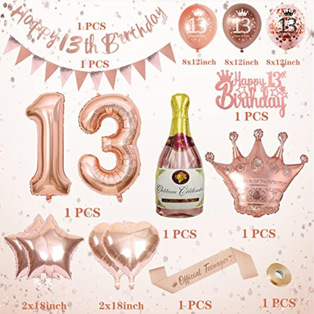 VICTERR 13th Birthday Decorations for Girls – Rose Gold Party Balloon Kit