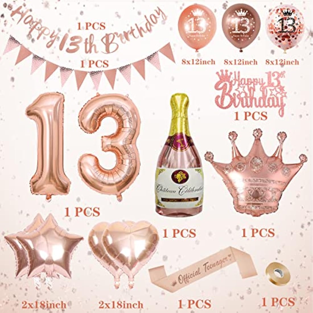 VICTERR 13th Birthday Decorations for Girls – Rose Gold Party Balloon Kit