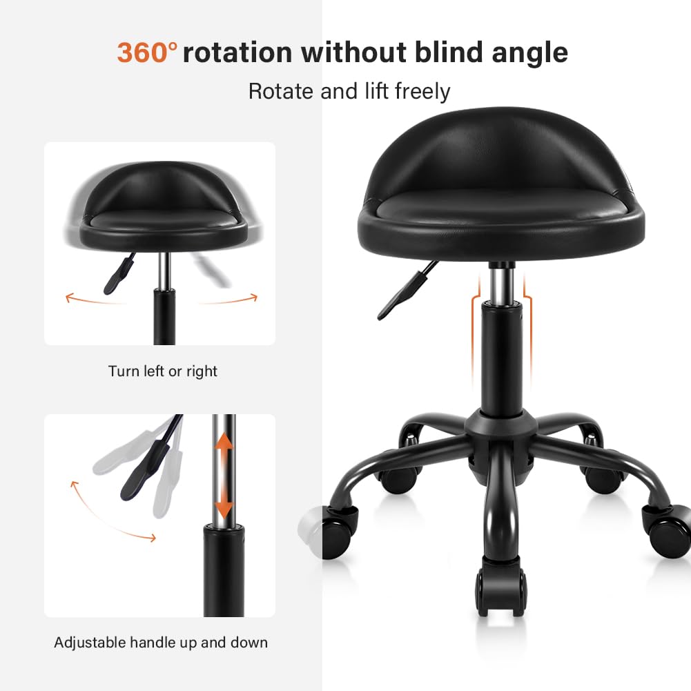 KKTONER Rolling Stool with BackRest Height Adjustable Round Chair with Wheels Swivel Drafting Work PU Leather stools Small Black