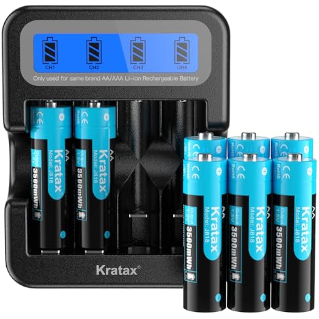 Kratax 1.5V AA Rechargeable Lithium Batteries (8-Pack) with LCD Charger