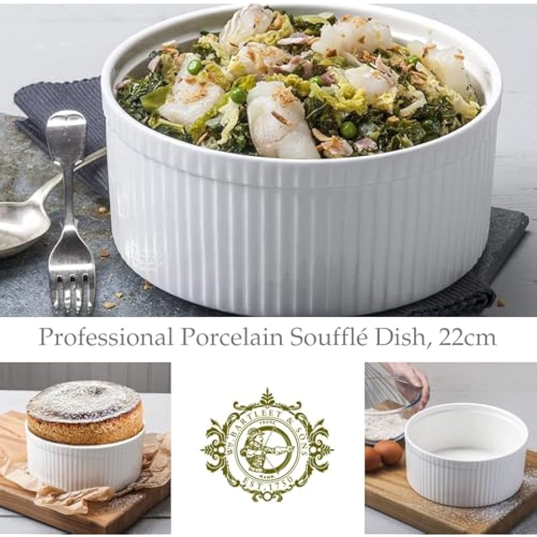 WM Bartleet & Sons Porcelain Soufflé Dish – 22cm White Ceramic Bowl