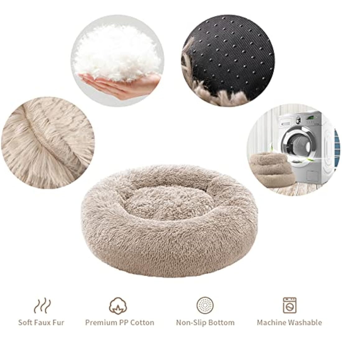 Jolof Store Calming Donut Cat Bed – Washable Faux Fur Pet Bed, Khaki