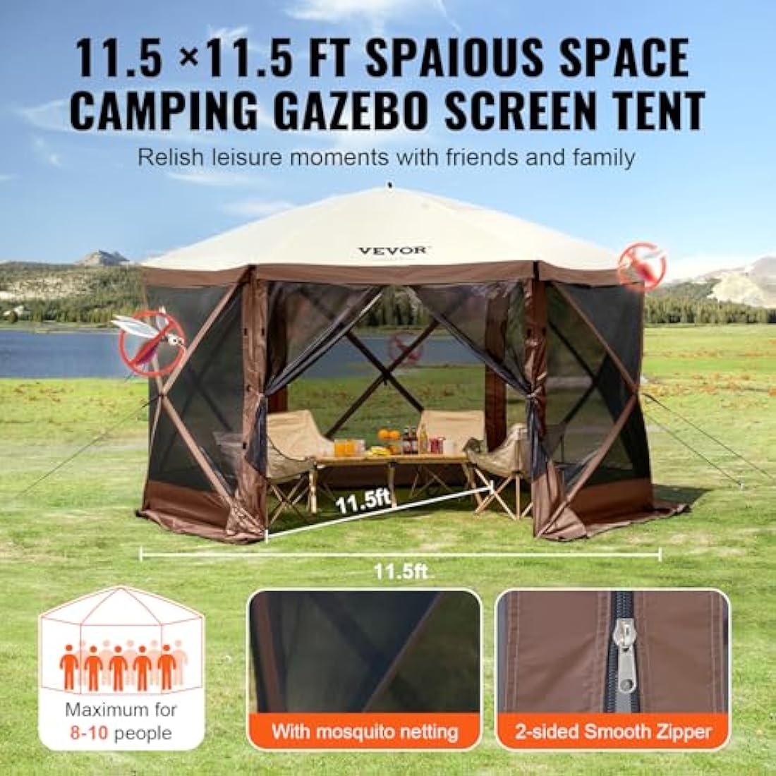 VEVOR Pop Up Gazebo Tent | 11.5x11.5FT Screen Canopy with 6 Privacy Cloths