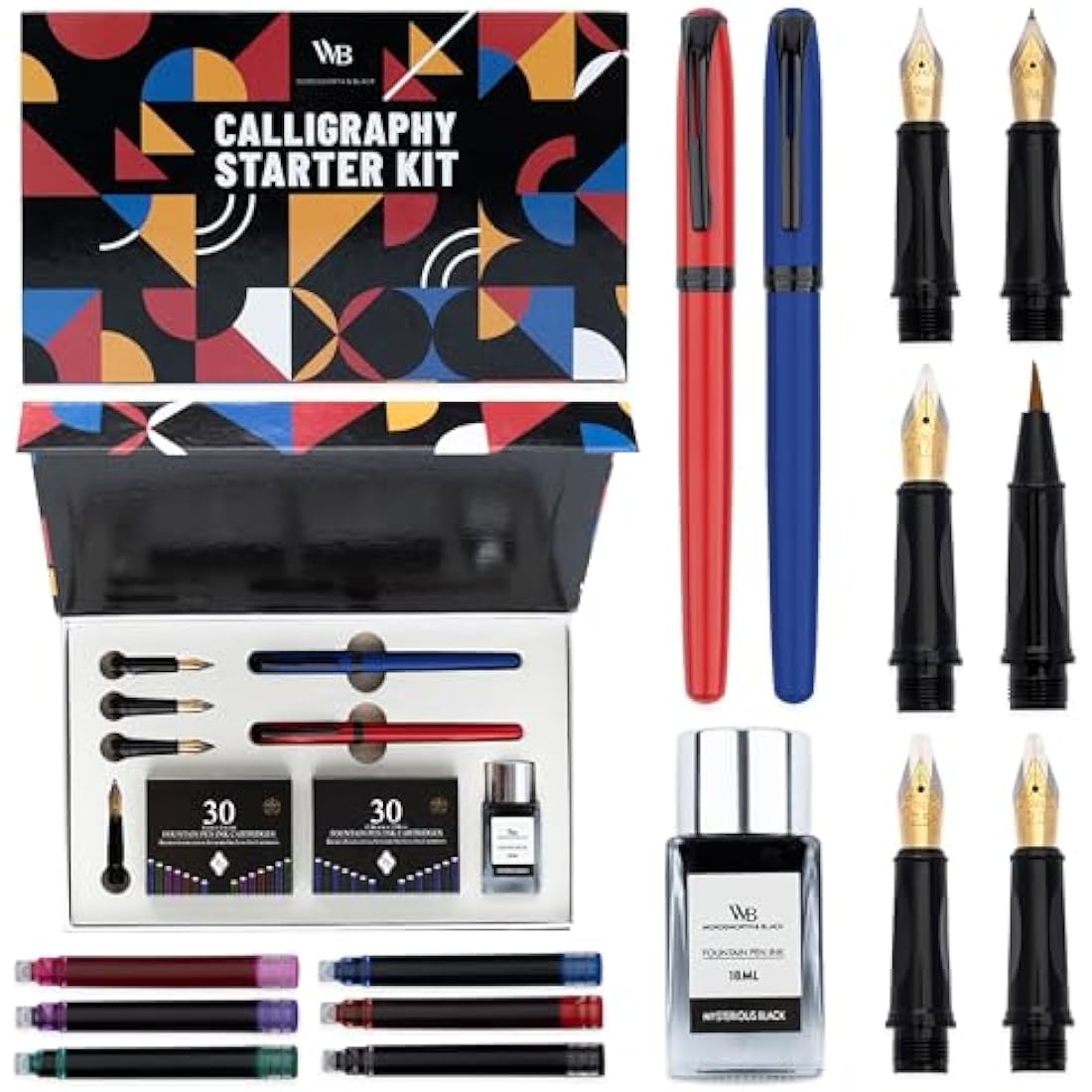 Wordsworth & Black Calligraphy Pen Set – 2 Pens, 60 Cartridges & Ink