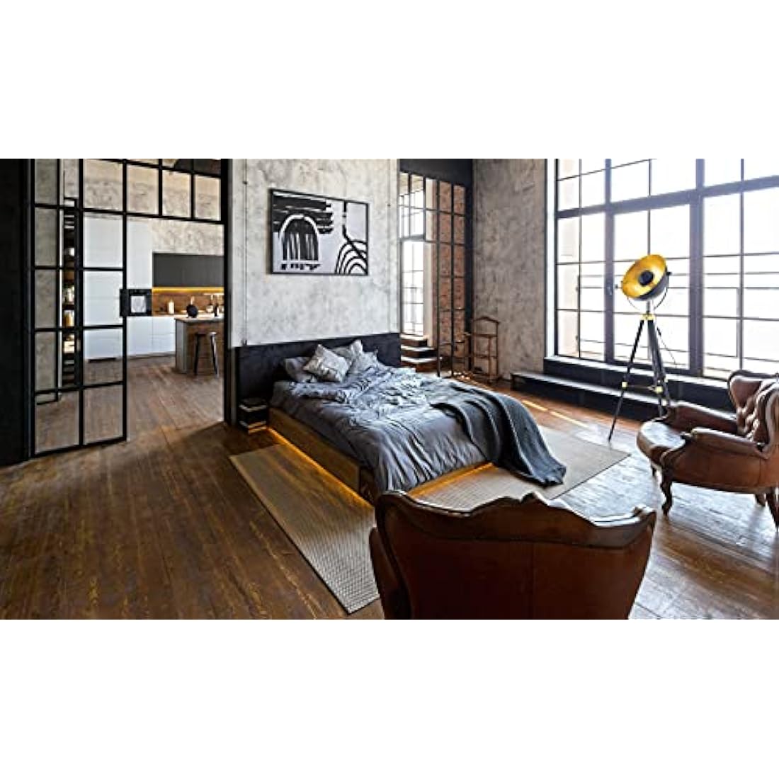 Eglo Covaleda Industrial Tripod Floor Lamp | Black & Gold Wood Steel