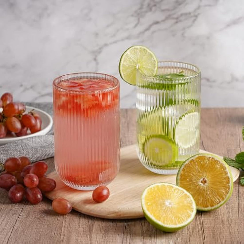 TKNO Ribbed Highball Glasses – 410ml Origami Style Fluted Tumblers, Set of 6