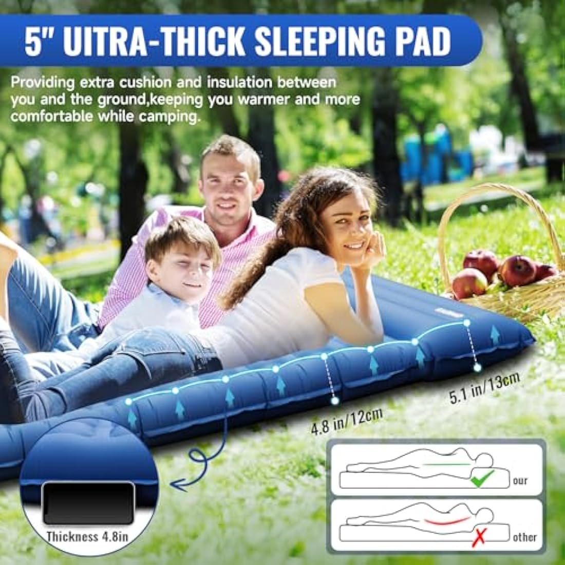 KASIMO Double Sleeping Pad – 5" Thick Inflatable Camping Mattress with Pillow