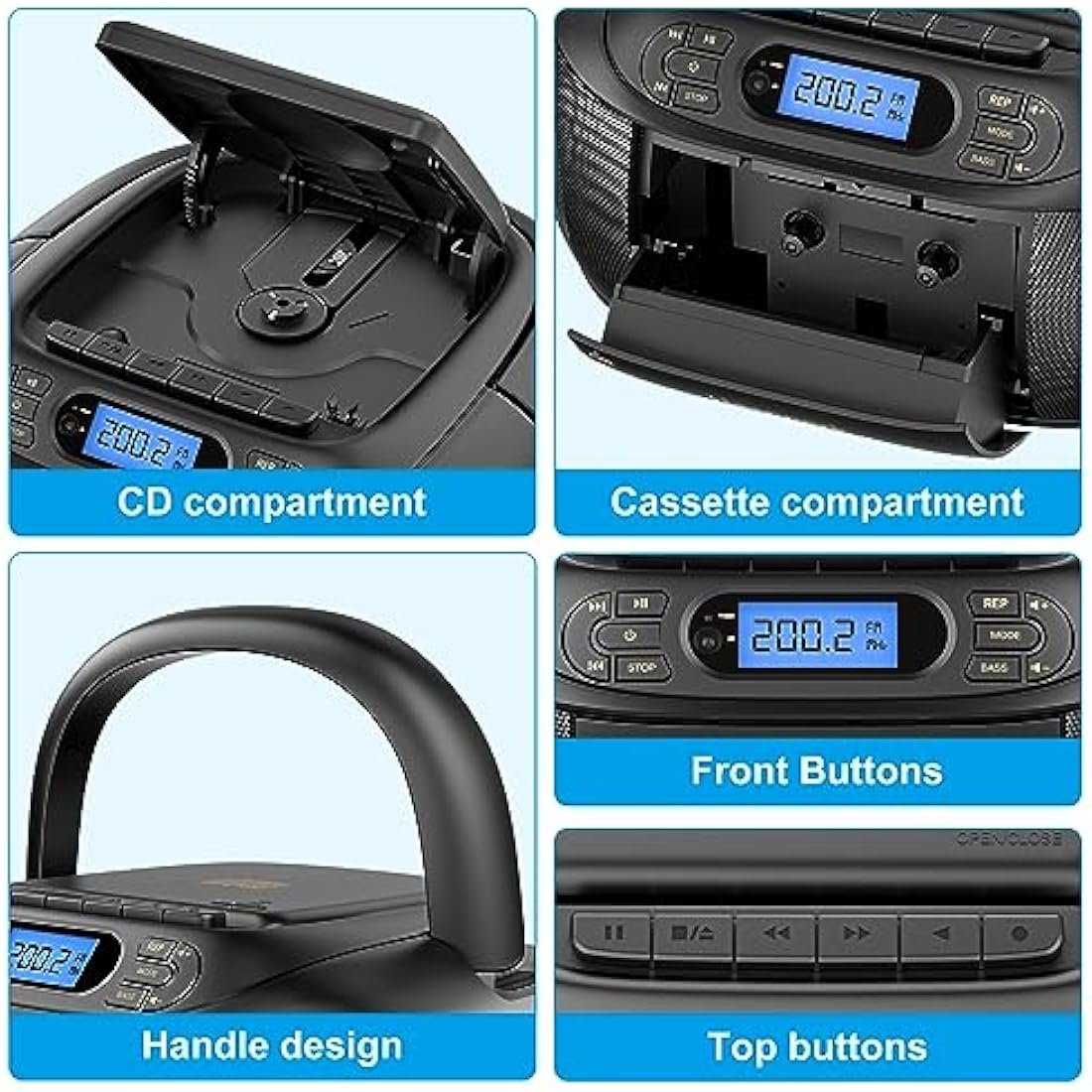 Hernido Portable CD Cassette Player Boombox | Rechargeable FM Radio Stereo
