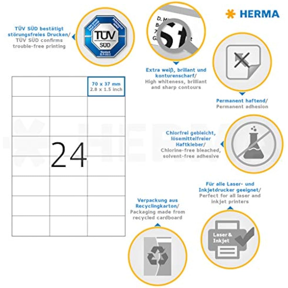 HERMA White Address Labels | 70 x 37 mm A4 Sheets | 4800 Self-Adhesive Labels