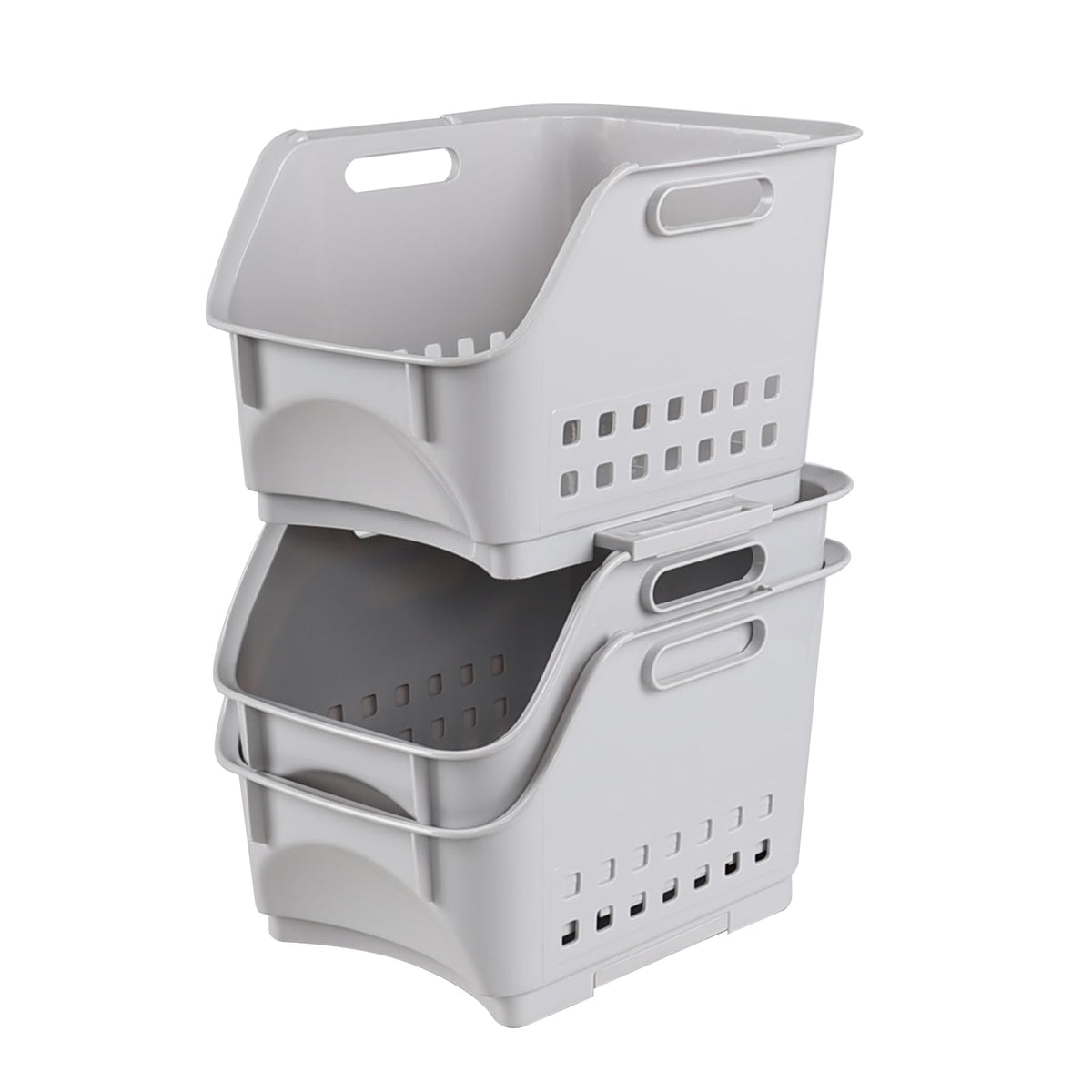 Xyskin 3-Pack Plastic Stackable Storage Basket, Stacking Storage Baskets for Kitchen or Bathroom, Grey Storage Veg Rack Set