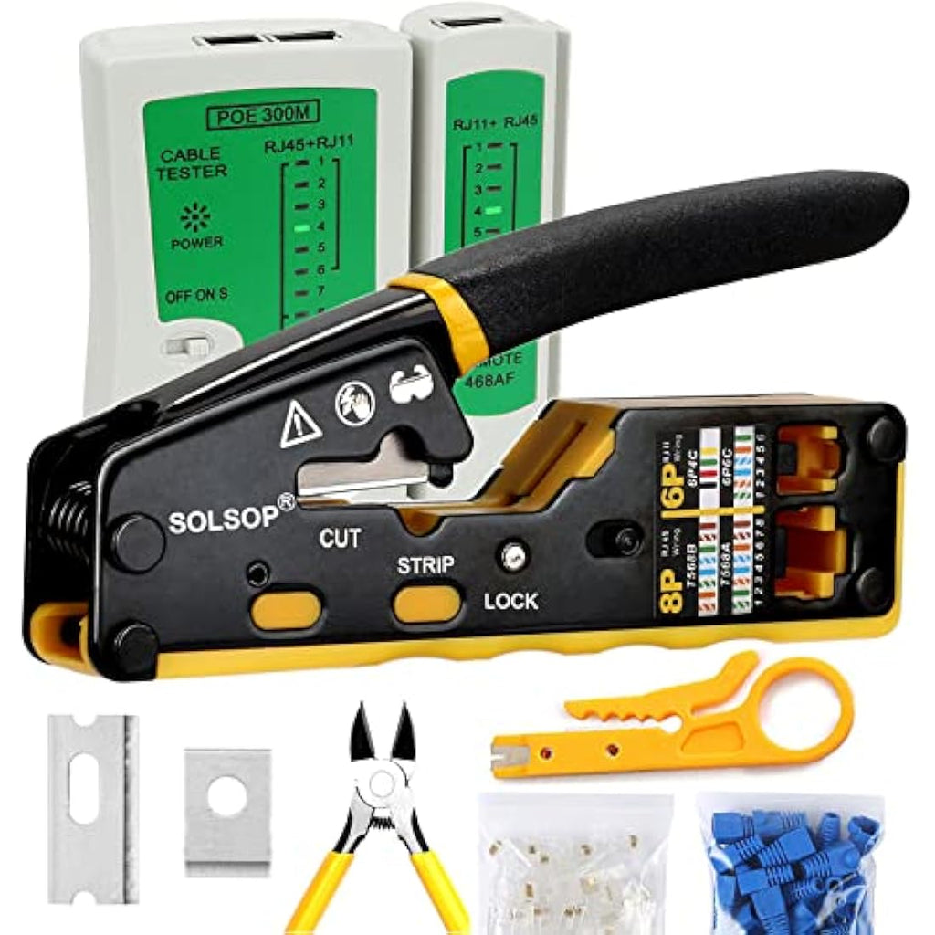 Solsop RJ45 Pass Through Crimp Tool Kit with Ethernet Tester & Connectors