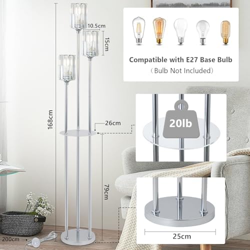 Rayofly 3-Light Crystal Floor Lamp with Shelves | Modern Chrome Standing Lamp