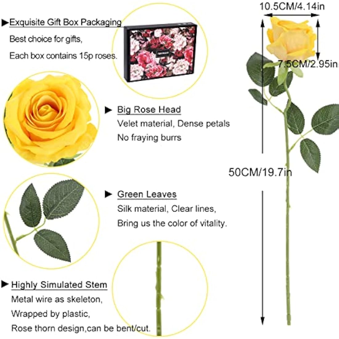 Jolof Store 15Pcs Real Touch Velvet Artificial Roses - Yellow Silk Flowers