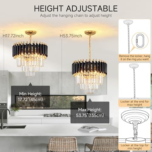 AOOCHOK Modern Crystal Chandelier – Black and Gold Pendant Light, 40cm