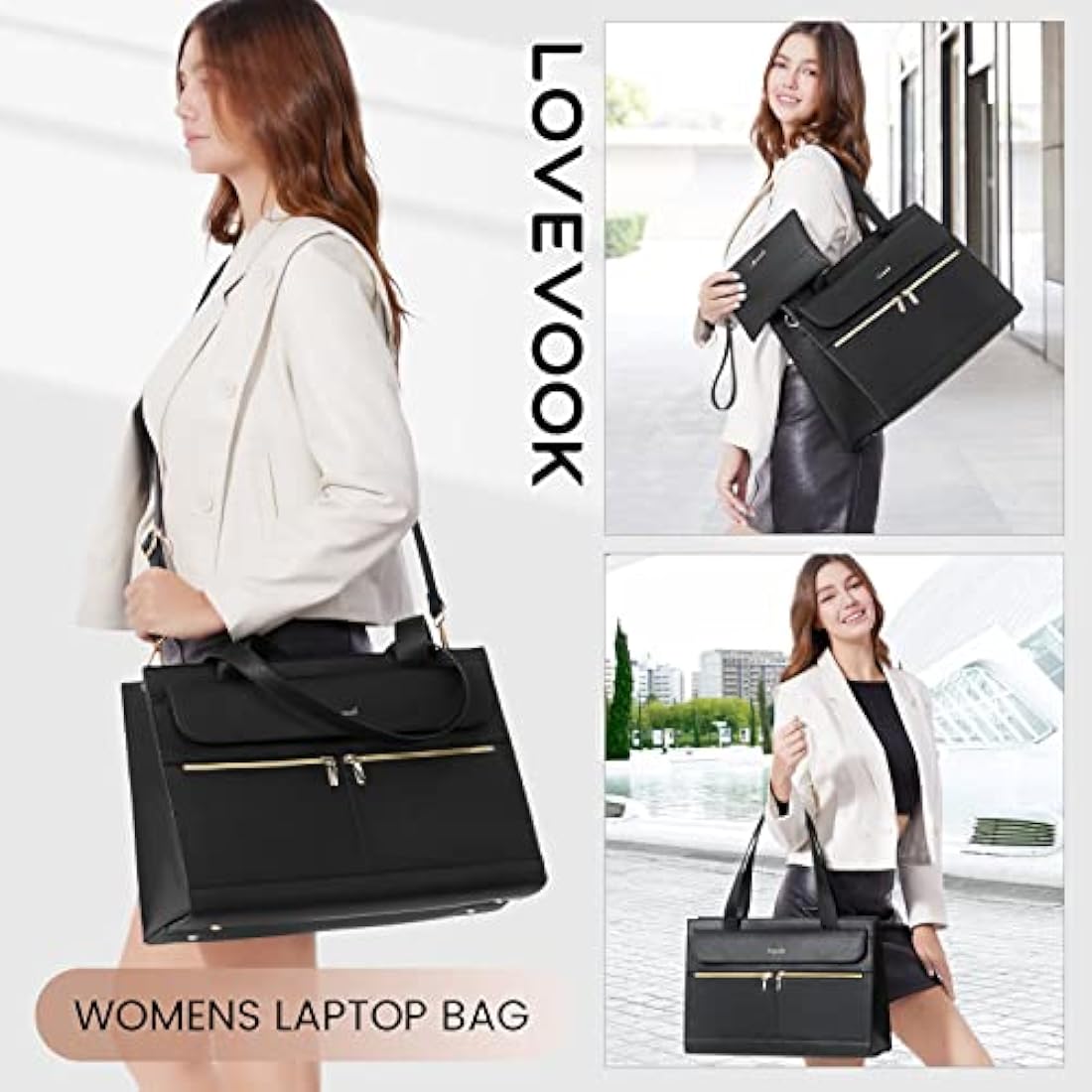 LOVEVOOK 15.6 Inch Laptop Bag for Women | PU Leather Work Tote, Black