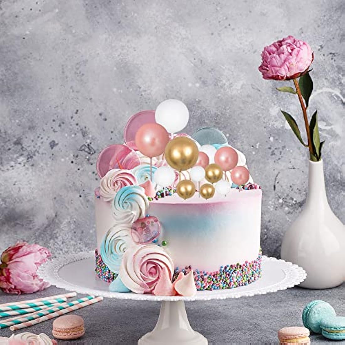 Gyufise 30Pcs Foam Ball Cake Toppers | Rose Gold & White Party Decorations
