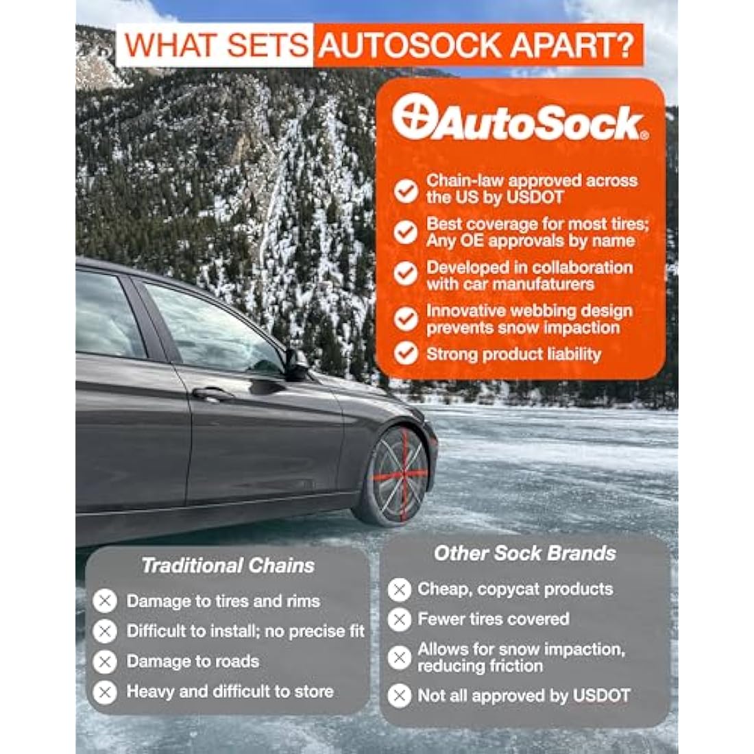 AutoSock HP 685E Textile Snow Socks – Winter Tire Traction Aid (1 Pair)