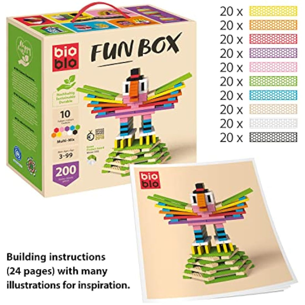 Bioblo Sustainable Wooden Building Blocks | 200 Piece Multi Mix Fun Box