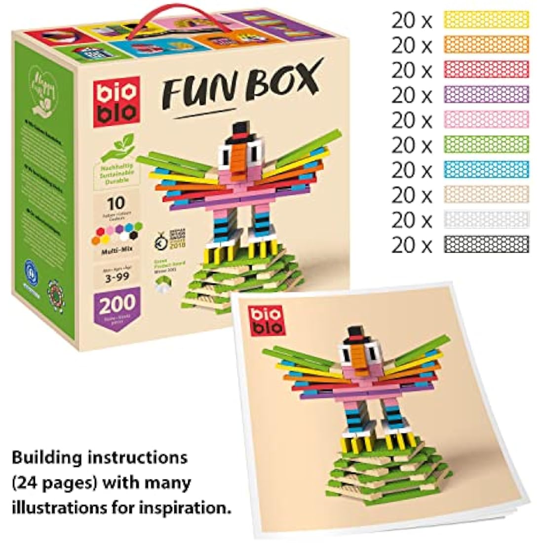 Bioblo Sustainable Wooden Building Blocks | 200 Piece Multi Mix Fun Box