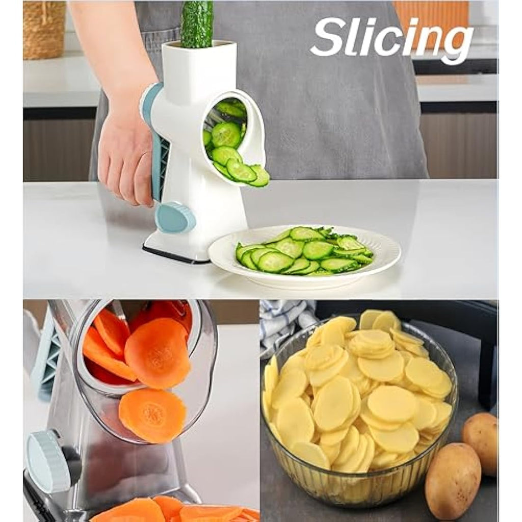 LacusMare Rotary Cheese Grater | 3-Blade Vegetable Slicer & Shredder, Gray
