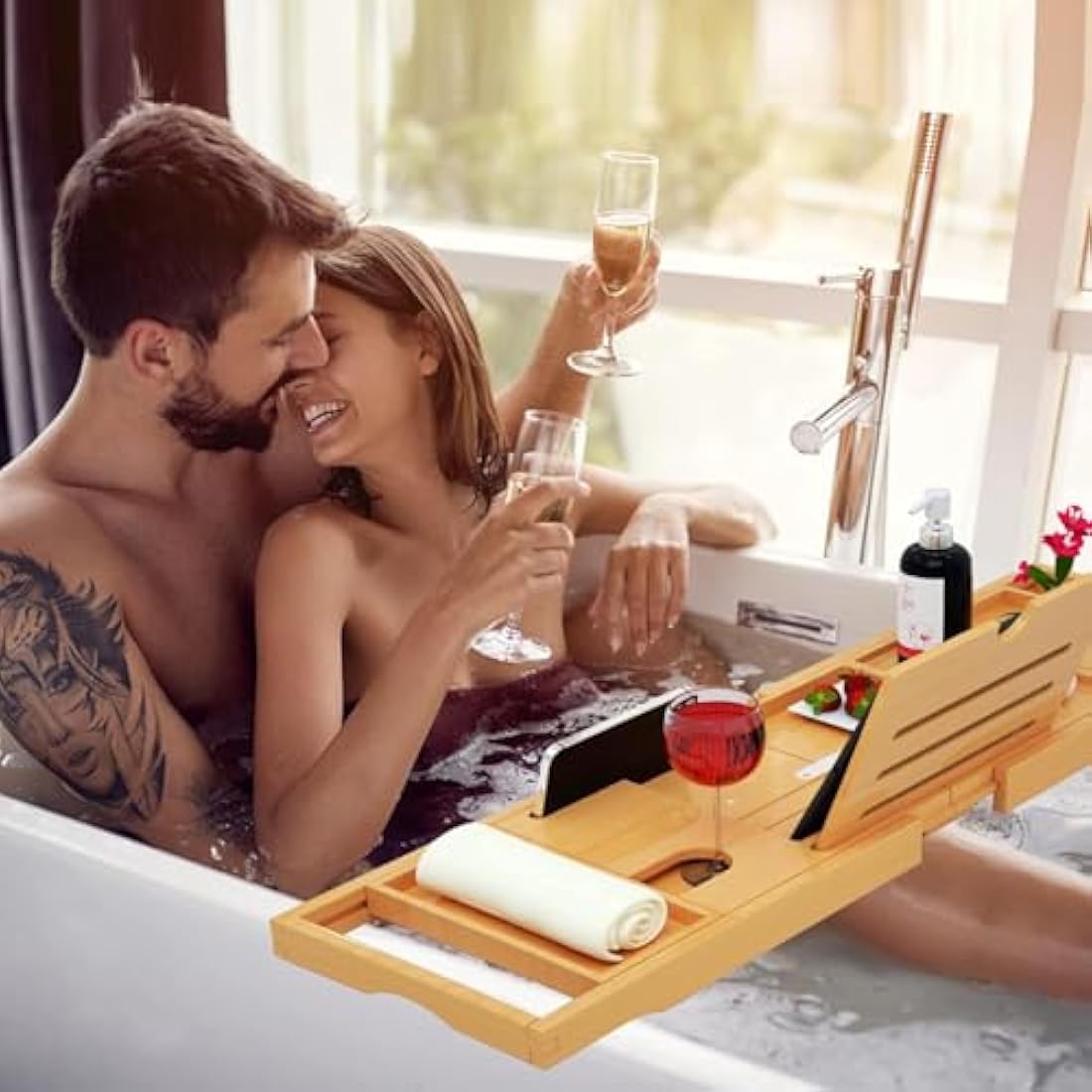 Banlilu Bamboo Bath Tray – Expandable Foldable Bathtub Caddy Organizer