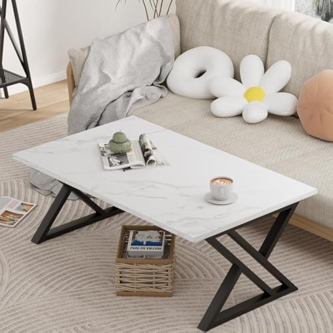 Modern Rectangular Coffee Table | Black Metal Frame, White